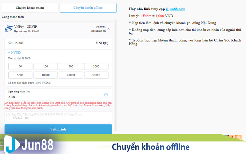 Hướng Dẫn Nạp Tiền Jun88 Đơn Giản - Nhanh Chóng 6 chuyen khoan offline