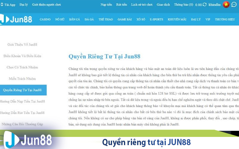 Giới thiệu thông tin sơ lược chính sách bảo mật Jun88 2 quyen rieng tu tai jun88